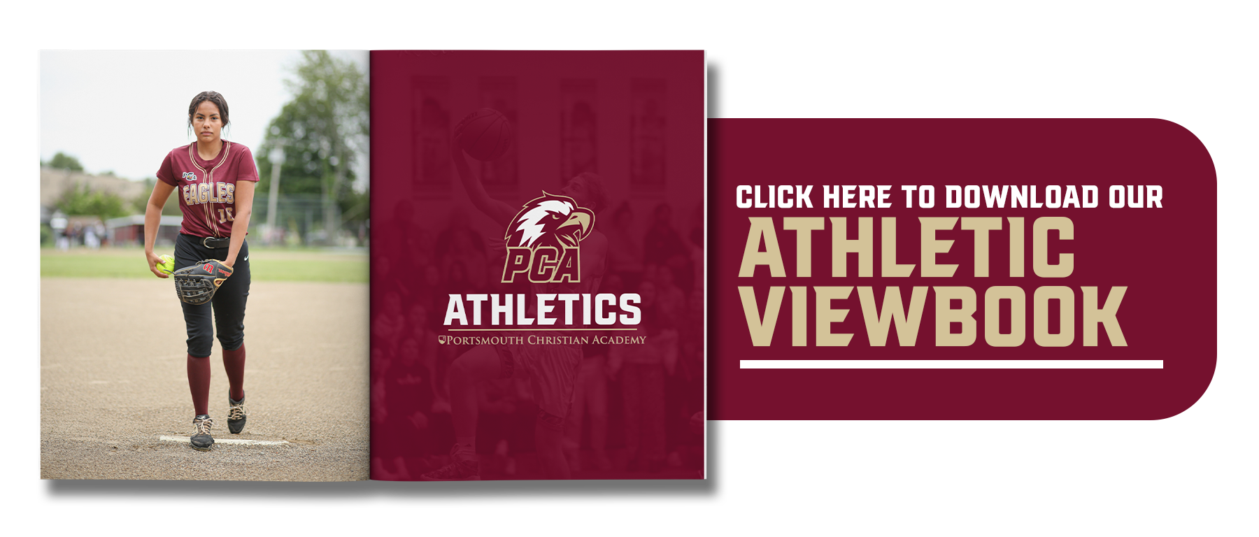 A Christian maroon athletic viewbook with the text click to download athletic viewbook.