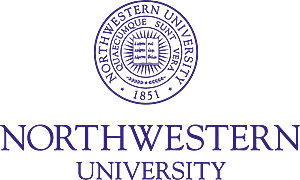 The northwestern university logo on a green background.