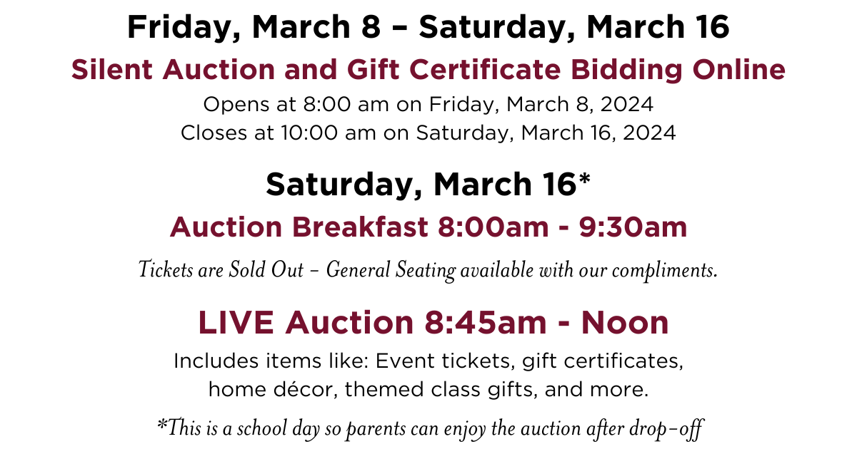 A flyer for silent auction and gift certificate bidding online.