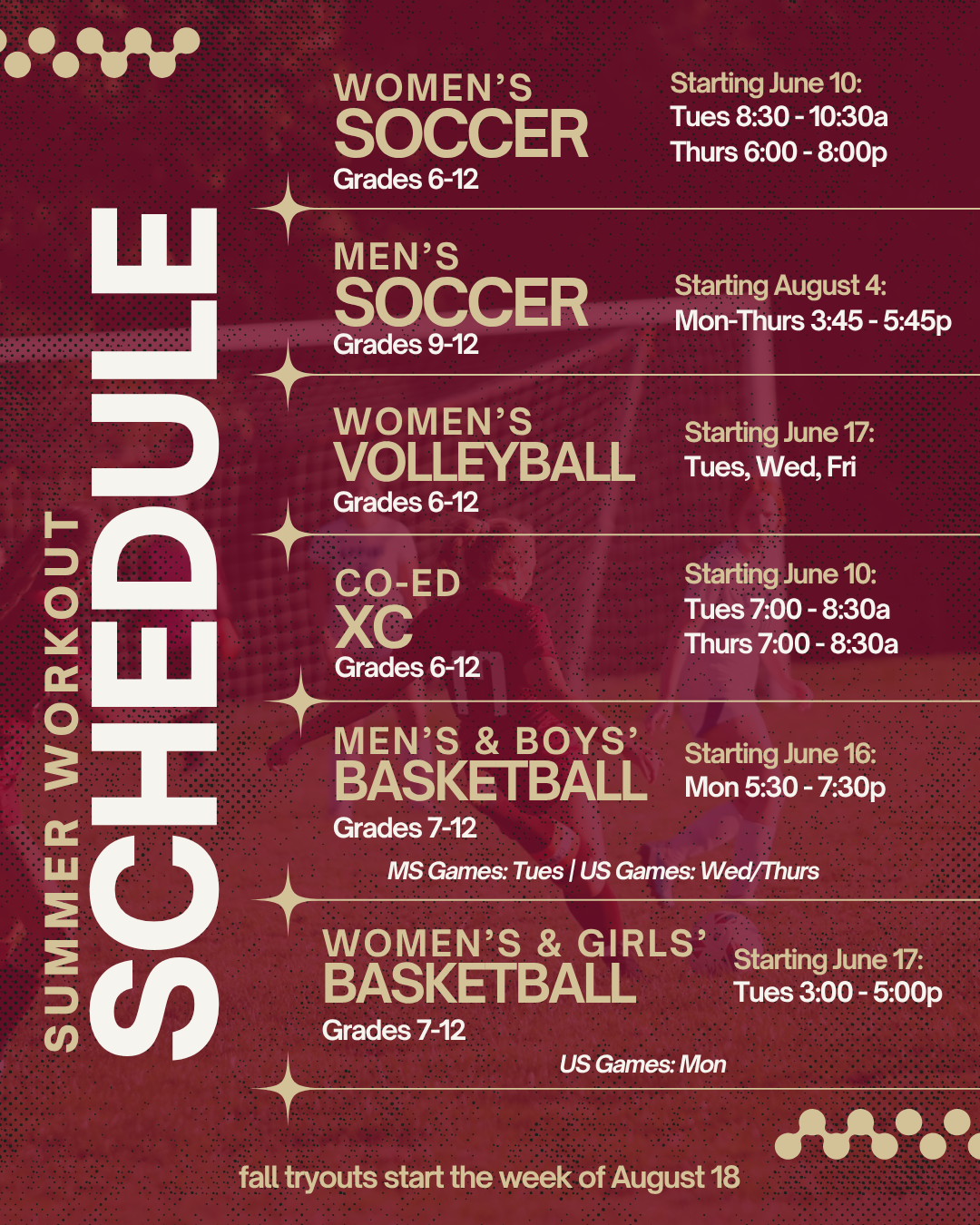 Summer workout schedule listing dates and times for women's soccer, men's soccer, women's volleyball, co-ed XC, men's and boys' basketball, and women's and girls' basketball for grades 6–12.