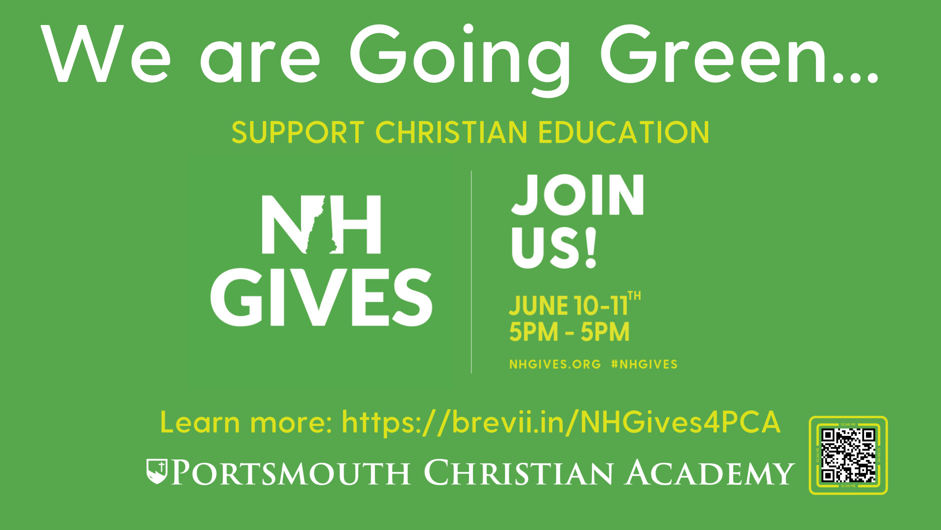 Green promotional graphic for NH Gives at Portsmouth Christian Academy, with event details and a QR code for more information.