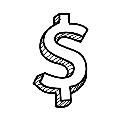 Black and white hand-drawn illustration of a dollar sign symbol on a transparent background.