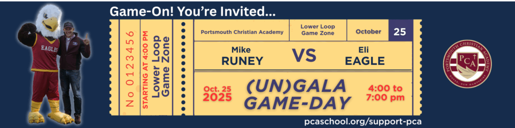Ticket-style invitation for Portsmouth Christian Academy's (UN)GALA GAME-DAY on October 25, 2025, from 4:00 to 7:00 pm, featuring a mascot, a person, and event details.