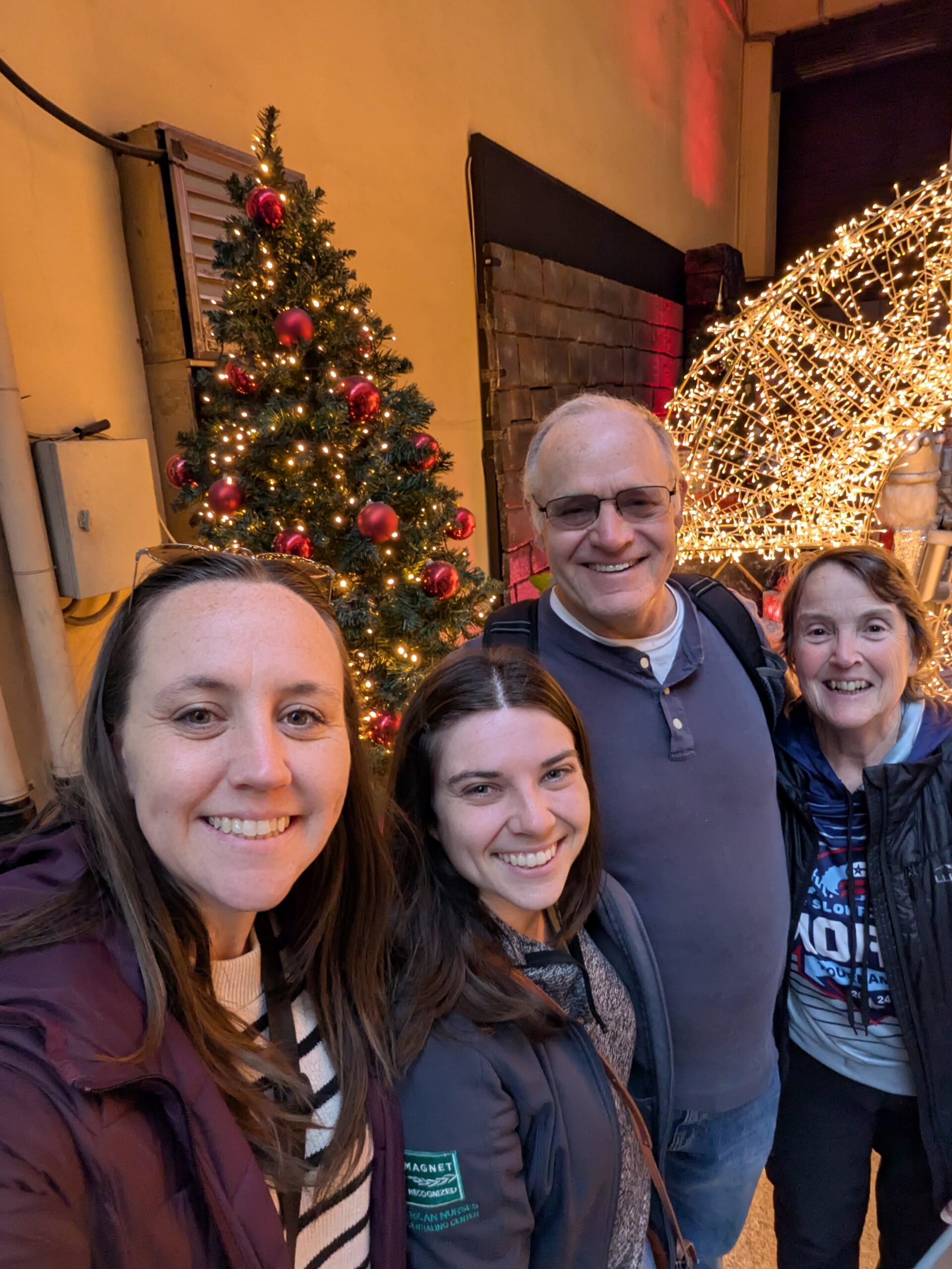 Four people smiling for a group selfie in front of a decorated Christmas tree and festive lights indoors.