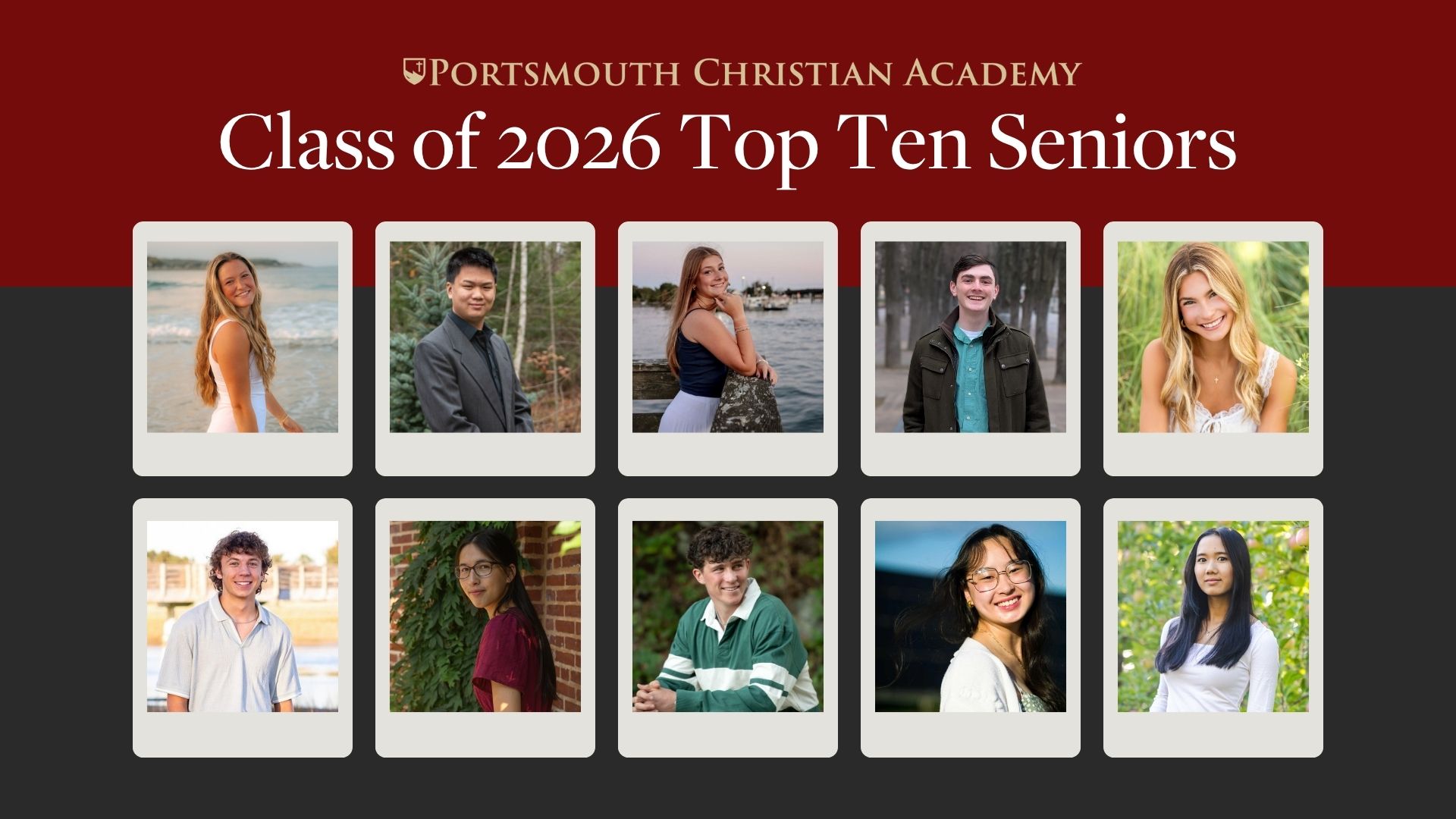 A group photo of 10 high school students from Portsmouth Christian Academy, labeled as 2024 Top Seniors, arranged in a grid pattern with individual portraits.