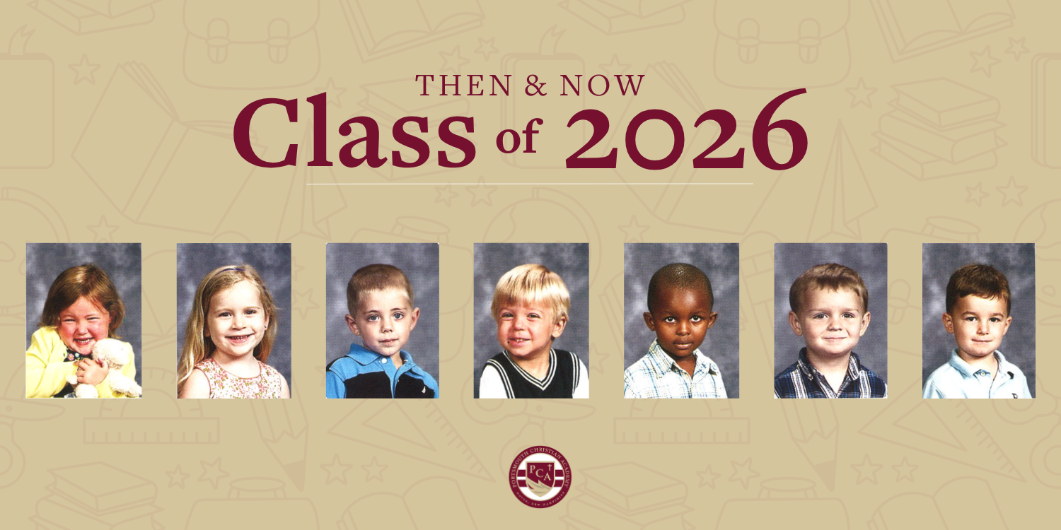 A then-and-now collage of yearbook photos featuring seven students from the Class of 2024 at a Christian academy in New Hampshire. The images include childhood and current photos of each student.